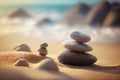 Zen stones balanced on the beach. Sunrise light. Meditation and relaxation. Ai generative