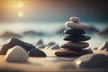 Zen stones balanced on the beach. Sunrise light. Meditation and relaxation. Ai generative