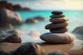 Zen stones balanced on the beach. Sunrise light. Meditation and relaxation. Ai generative