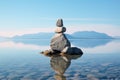 Zen Stones Balancing by Calm Mountain Lake.