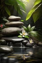 Zen stones and bamboo on the water lined with spa pebbles and plumeria flowers. Royalty Free Stock Photo