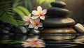 Zen stones and bamboo on the water lined with spa pebbles and plumeria flowers. Royalty Free Stock Photo