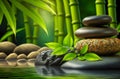 Zen Stones and Bamboo on the water. Spa still life with stacked of stone. Generative AI Royalty Free Stock Photo