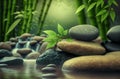 Zen Stones and Bamboo on the water. Spa still life with stacked of stone. Generative AI Royalty Free Stock Photo