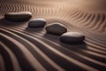 Zen Stones with Elegant Lines on Sand: Spa Therapy Symbolizing Purity, Harmony, and Balance. Generative Ai Royalty Free Stock Photo