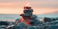 Zen Stones with Flames on the Beach at Sunset. Generative ai Royalty Free Stock Photo