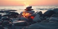 Zen Stones with Flames on the Beach at Sunset. Generative ai Royalty Free Stock Photo