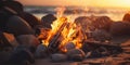 Zen Stones with Flames on the Beach at Sunset. Generative ai Royalty Free Stock Photo