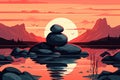 Zen stones garden meditation with sunset light illustration. Ai generative Royalty Free Stock Photo