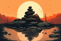 Zen stones garden meditation with sunset light illustration. Ai generative Royalty Free Stock Photo