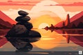 Zen stones garden meditation with sunset light illustration. Ai generative Royalty Free Stock Photo