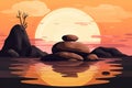 Zen stones garden meditation with sunset light illustration. Ai generative Royalty Free Stock Photo