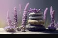 Zen stones and lavender flowers on wooden table. Royalty Free Stock Photo