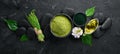 Zen stones and leaves with water drops. Spa background with spa accessories on a dark background. Top view. Free space Royalty Free Stock Photo