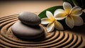 Zen Stones with lines on spa sand and plumeria flower harmony concept. Royalty Free Stock Photo