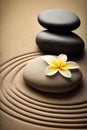 Zen Stones with lines on spa sand and plumeria flower harmony concept. Royalty Free Stock Photo