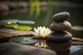 Zen stones and lotus flower in the pond. Zen concept. Royalty Free Stock Photo