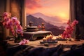 Zen stones, orchid flowers and aromatic candles spa arrangement on wooden table Royalty Free Stock Photo