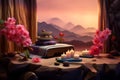 Zen stones, orchid flowers and aromatic candles spa arrangement on wooden table Royalty Free Stock Photo