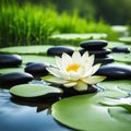 Zen stones,orchid,Lotus flower on nature background with reflection. Spa treatment, massage aromatherapy concept Royalty Free Stock Photo