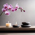 Zen stones,orchid,Lotus flower on nature background with reflection. Spa treatment, massage aromatherapy concept Royalty Free Stock Photo