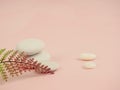 Zen stones and plants on a pink background, space for text. Zen spa stones with flowers. Rock, nature Royalty Free Stock Photo