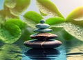 Zen stones pyramid on water surface green leaves over it. Generative AI Royalty Free Stock Photo