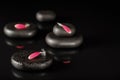 Zen stones for spa hot massage with pink flower petals on black Royalty Free Stock Photo