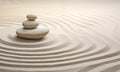 Zen stones stack on raked sand waves in a minimalist setting for balance and harmony Royalty Free Stock Photo