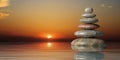 Zen stones stack at sunset. 3d illustration Royalty Free Stock Photo
