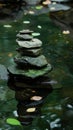 Zen stones stacked in a tranquil pond