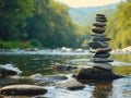 Zen stones stacked in a tranquil river setting Royalty Free Stock Photo
