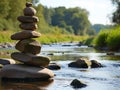 Zen stones stacked by a tranquil river