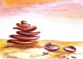 Zen stones, watercolor painting of Zen stones on the beach.