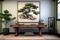 zen study space with minimalist desk, bonsai tree, and calming wall art