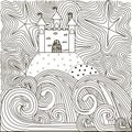 Zen tangle hand drawn black and white abstract starry night and waves, hills and castle