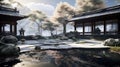A zen temple courtyard with a pond and reflection Royalty Free Stock Photo