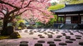 A zen temple garden with blooming cherry blossoms Royalty Free Stock Photo