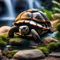 A zen tortoise in meditation robes, serenely meditating by a miniature pond4