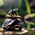 A zen tortoise in meditation robes, serenely meditating by a miniature pond1