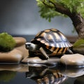 A zen tortoise in meditation robes, serenely meditating by a miniature pond2