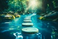 Zen tranquility stepping stones over calm blue water for relaxation and meditation Royalty Free Stock Photo