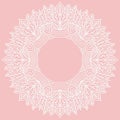 Zenart round frame with pattern from leaves. Lace carved figure on pink background. Pattern suitable for laser cutting, plotter cu