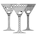 zenart style 3 three martini glasses with olive, doodle, zentangle, wall art, printable Royalty Free Stock Photo