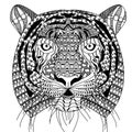 Zenart style tiger head with moustache, black and white drawing, printable
