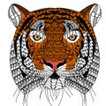 Zenart style tiger head with moustache,color drawing for print