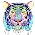 Zenart/zentangle style tiger head with moustache,color drawing for print