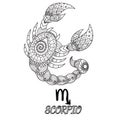 Zendoodle design of Scorpio zodiac sign for design element and adult coloring book page. Stock Vector Royalty Free Stock Photo