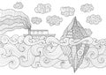 Zendoodle design of seascape with running vessel Royalty Free Stock Photo