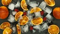 Zenithal view of Blood Oranges and berries on crushed ice on a black slate background. Healthy food concept